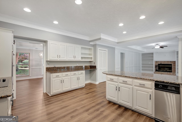 40 Springwater Chase, Newnan, GA 30265 - kitchen featuring open shelves, a ceiling fan, light wood-type flooring, white cabinets, and crown molding