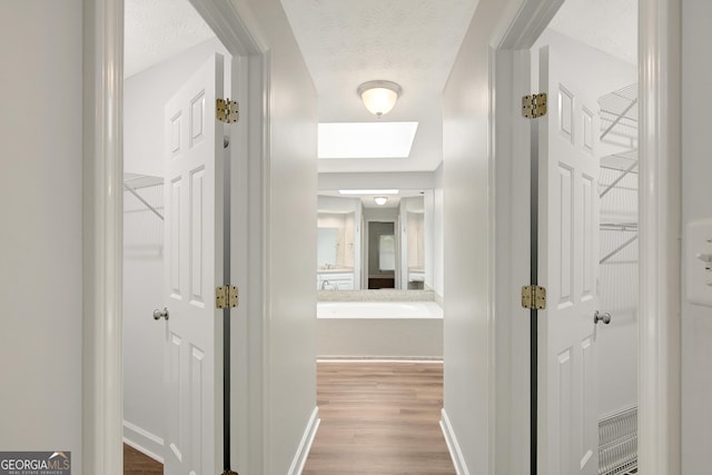 40 Springwater Chase, Newnan, GA 30265 - corridor featuring wood finished floors, a skylight, and a textured ceiling