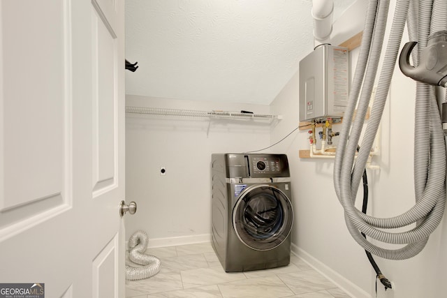 40 Springwater Chase, Newnan, GA 30265 - laundry room with washer / clothes dryer, light marble finish flooring, water heater, and a textured ceiling