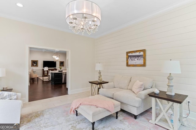 1413 N Walkers Mill Rd, Griffin, GA 30223 - living area featuring a chandelier, crown molding, tile patterned floors, and wooden walls