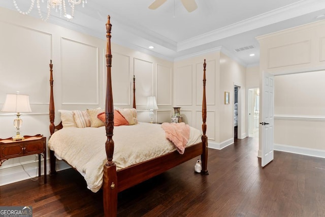 1413 N Walkers Mill Rd, Griffin, GA 30223 - bedroom with a decorative wall, dark wood finished floors, crown molding, recessed lighting, and ceiling fan