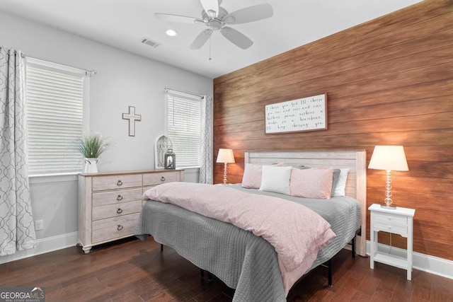1413 N Walkers Mill Rd, Griffin, GA 30223 - bedroom featuring hardwood / wood-style flooring, recessed lighting, wood walls, and a ceiling fan