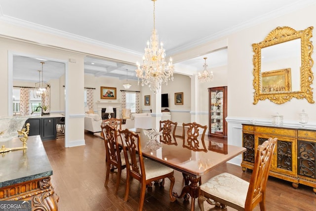 1413 N Walkers Mill Rd, Griffin, GA 30223 - dining space featuring wood finished floors, a chandelier, crown molding, coffered ceiling, and a fireplace
