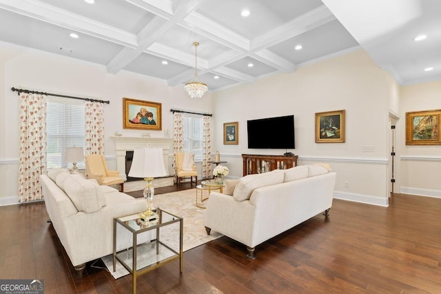 1413 N Walkers Mill Rd, Griffin, GA 30223 - living area with beam ceiling, wood finished floors, coffered ceiling, ornamental molding, and recessed lighting