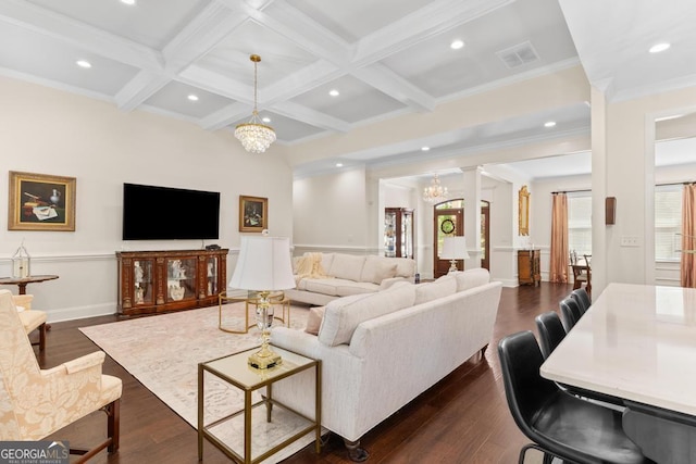1413 N Walkers Mill Rd, Griffin, GA 30223 - living area with a chandelier, beam ceiling, dark wood-type flooring, coffered ceiling, and recessed lighting
