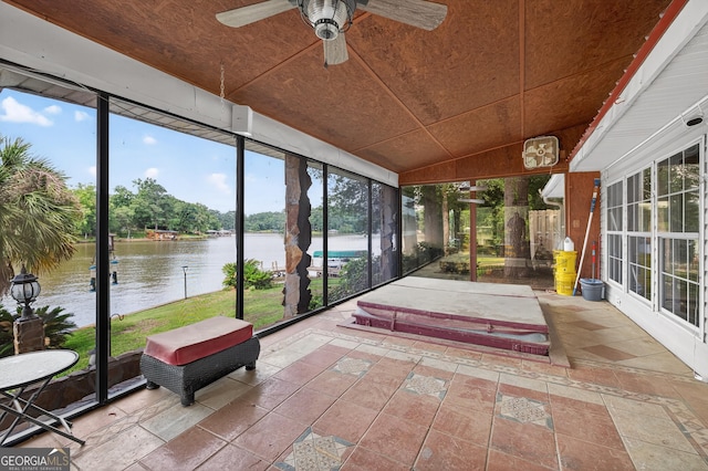106 Oak Ln, Eatonton, GA 31024 - sunroom featuring a water view, a ceiling fan, healthy amount of natural light, and vaulted ceiling