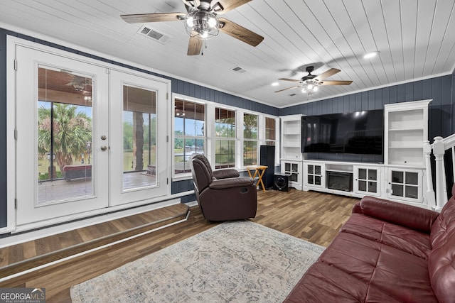 106 Oak Ln, Eatonton, GA 31024 - living room featuring ceiling fan, wood finished floors, crown molding, french doors, and wooden ceiling