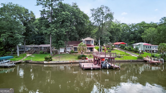 106 Oak Ln, Eatonton, GA 31024 - dock area with a deck with water view, a yard, and stairway