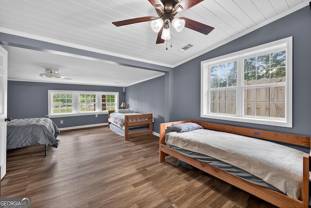 106 Oak Ln, Eatonton, GA 31024 - bedroom featuring crown molding, wood finished floors, wood ceiling, and a ceiling fan