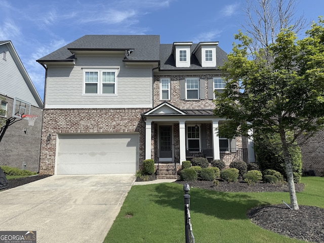 4130 Millbrook Ct, Suwanee, GA 30024 - view of front of house with brick siding, a porch, a garage, a front yard, and driveway