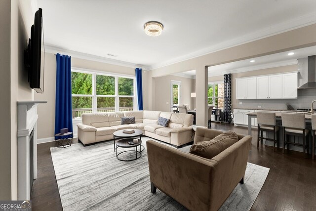 4130 Millbrook Ct, Suwanee, GA 30024 - living area featuring crown molding and dark wood-style flooring