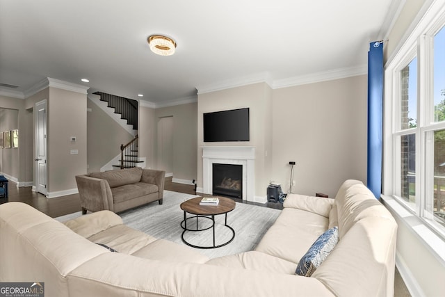 4130 Millbrook Ct, Suwanee, GA 30024 - living room with healthy amount of natural light, crown molding, stairs, wood finished floors, and a fireplace