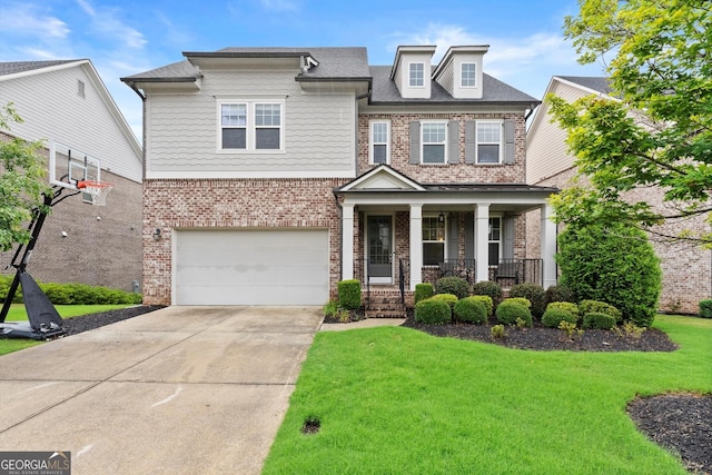 4130 Millbrook Ct, Suwanee, GA 30024 - view of front of property featuring brick siding, a porch, an attached garage, and a front lawn