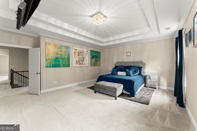 4130 Millbrook Ct, Suwanee, GA 30024 - carpeted bedroom with a tray ceiling and crown molding