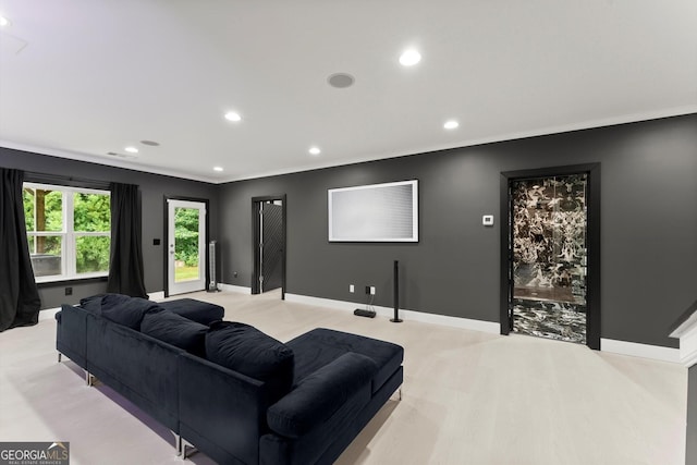 4130 Millbrook Ct, Suwanee, GA 30024 - home theater room with recessed lighting, light wood-style floors, and ornamental molding