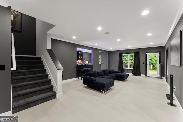 4130 Millbrook Ct, Suwanee, GA 30024 - living area with crown molding, recessed lighting, and stairs