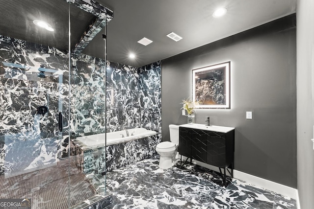 4130 Millbrook Ct, Suwanee, GA 30024 - full bathroom featuring marble tiled floors, a garden tub, a marble finish shower, recessed lighting, and vanity