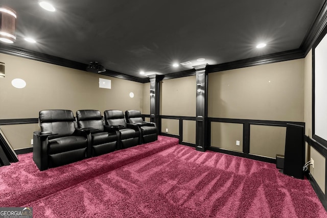 4130 Millbrook Ct, Suwanee, GA 30024 - carpeted home theater room featuring ornamental molding, recessed lighting, and ornate columns