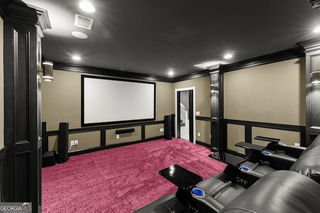 4130 Millbrook Ct, Suwanee, GA 30024 - cinema featuring crown molding, a decorative wall, carpet flooring, recessed lighting, and decorative columns