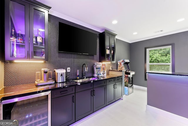 4130 Millbrook Ct, Suwanee, GA 30024 - indoor wet bar featuring beverage cooler, backsplash, ornamental molding, and recessed lighting