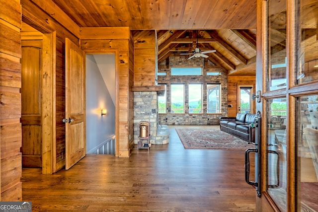 899 Ridge Pointe Way, Blairsville, GA 30512 - unfurnished living room with a wood ceiling with exposed beams, wood finished floors, a ceiling fan, wooden walls, and high vaulted ceiling
