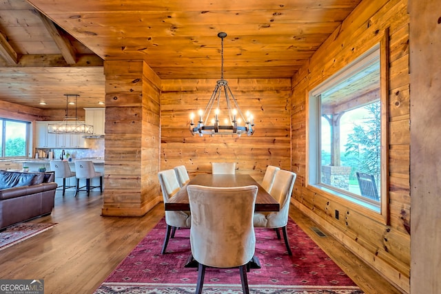 899 Ridge Pointe Way, Blairsville, GA 30512 - dining area featuring a chandelier, wooden ceiling, wood finished floors, and wooden walls