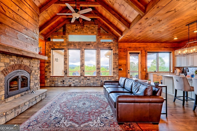 899 Ridge Pointe Way, Blairsville, GA 30512 - living area with a ceiling fan, wood ceiling, wood walls, a fireplace, and wood finished floors