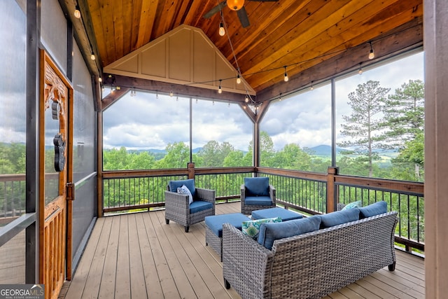 899 Ridge Pointe Way, Blairsville, GA 30512 - sunroom / solarium with outdoor lounge area, lofted ceiling, a ceiling fan, healthy amount of natural light, and a mountain view