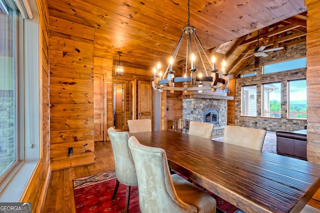 899 Ridge Pointe Way, Blairsville, GA 30512 - dining room featuring wooden ceiling, hardwood / wood-style flooring, wood walls, a chandelier, and high vaulted ceiling