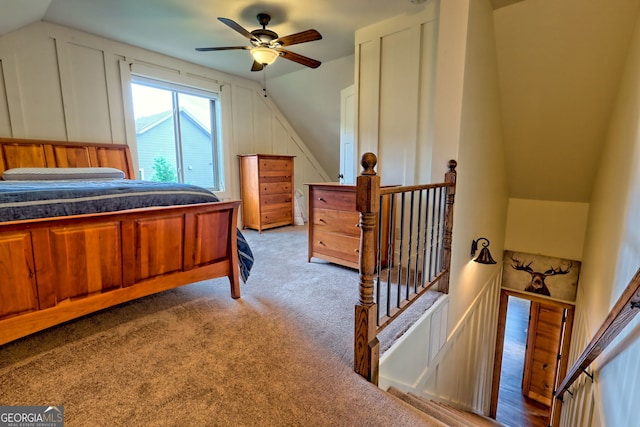899 Ridge Pointe Way, Blairsville, GA 30512 - bedroom featuring vaulted ceiling, light colored carpet, and ceiling fan