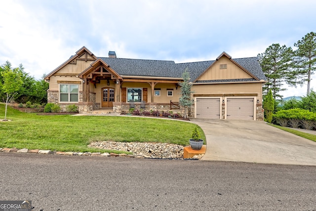 899 Ridge Pointe Way, Blairsville, GA 30512 - craftsman-style home with stone siding, a front lawn, board and batten siding, and concrete driveway