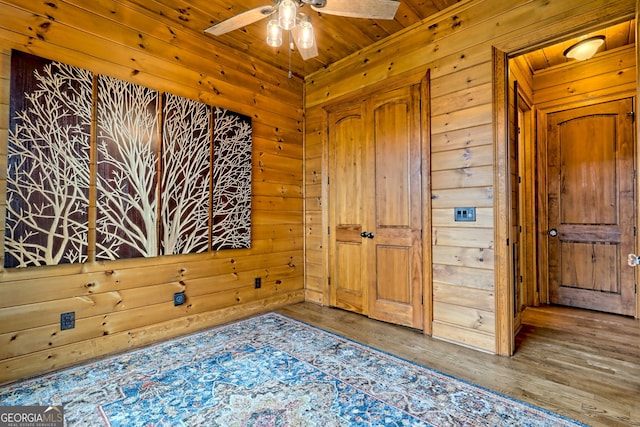 899 Ridge Pointe Way, Blairsville, GA 30512 - spare room with ceiling fan, wood finished floors, wooden walls, and wooden ceiling
