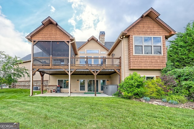 899 Ridge Pointe Way, Blairsville, GA 30512 - rear view of house with a patio, a chimney, a yard, a deck, and a sunroom