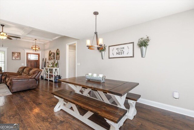 311 Kendall Ct, Perry, GA 31069 - dining area featuring wood finished floors, a chandelier, coffered ceiling, beamed ceiling, and ceiling fan