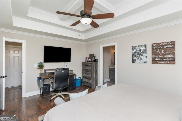 311 Kendall Ct, Perry, GA 31069 - bedroom with a tray ceiling, wood finished floors, crown molding, ensuite bath, and a ceiling fan