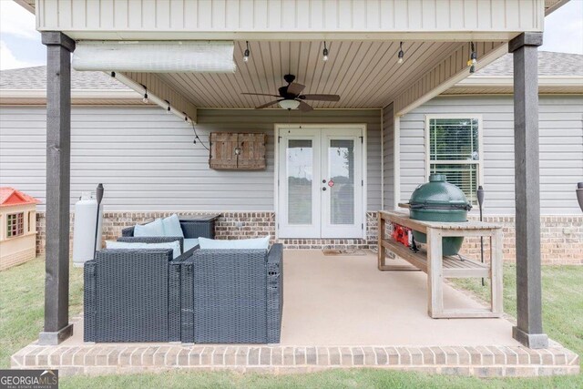311 Kendall Ct, Perry, GA 31069 - view of patio featuring french doors, a ceiling fan, and outdoor lounge area