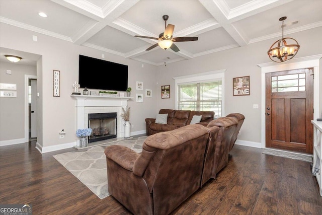 311 Kendall Ct, Perry, GA 31069 - living area featuring coffered ceiling, a ceiling fan, beam ceiling, a fireplace, and dark wood-style floors