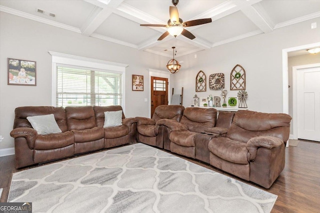 311 Kendall Ct, Perry, GA 31069 - living area with coffered ceiling, a ceiling fan, beamed ceiling, wood finished floors, and ornamental molding