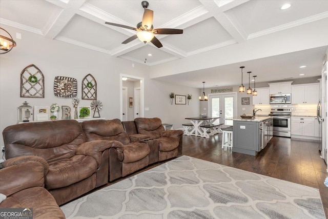 311 Kendall Ct, Perry, GA 31069 - living area featuring dark wood-style floors, ceiling fan, coffered ceiling, beam ceiling, and french doors