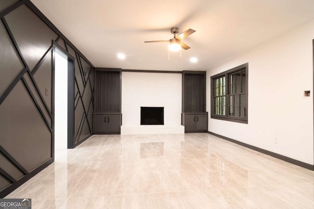 69 N Hearn Rd, Ellenwood, GA 30294 - unfurnished living room featuring a ceiling fan, recessed lighting, a brick fireplace, and light tile patterned flooring