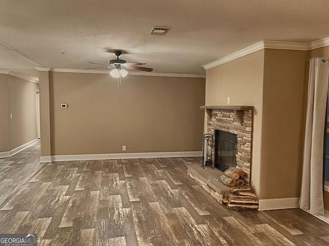 175 Bob White St, Jesup, GA 31545 - unfurnished living room with ceiling fan, wood finished floors, crown molding, and a fireplace