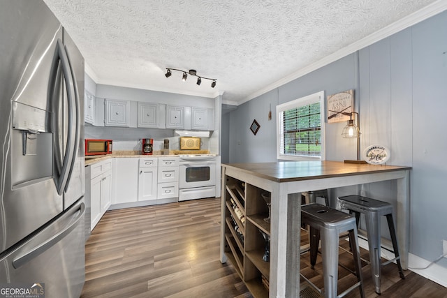 321 Barbara Point Rd, Sparta, GA 31087 - kitchen featuring stainless steel fridge, white electric range oven, crown molding, light wood finished floors, and white cabinetry