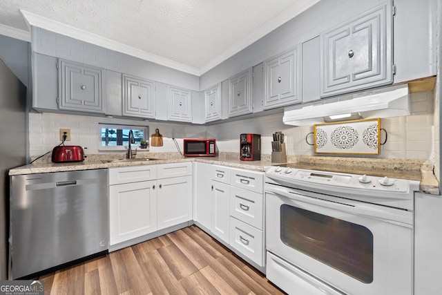 321 Barbara Point Rd, Sparta, GA 31087 - kitchen featuring stainless steel dishwasher, white electric stove, under cabinet range hood, ornamental molding, and backsplash