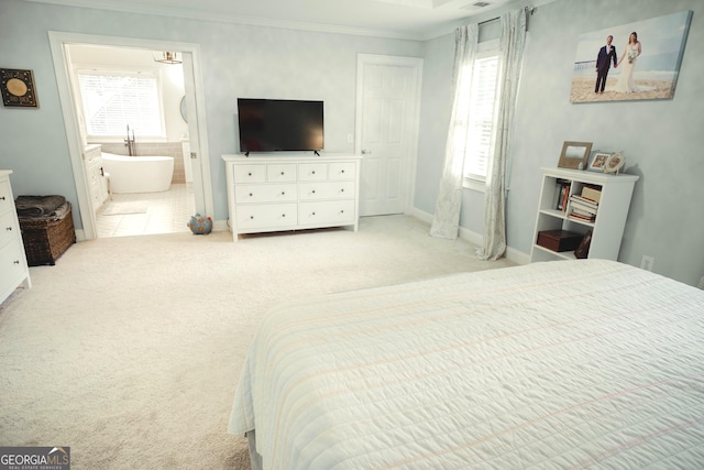 361 Fairway Cir, Monroe, GA 30656 - bedroom with ornamental molding, carpet floors, and connected bathroom