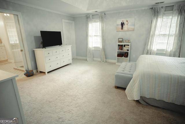 361 Fairway Cir, Monroe, GA 30656 - carpeted bedroom featuring ornamental molding and ensuite bath