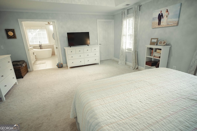 361 Fairway Cir, Monroe, GA 30656 - carpeted bedroom with ornamental molding and connected bathroom