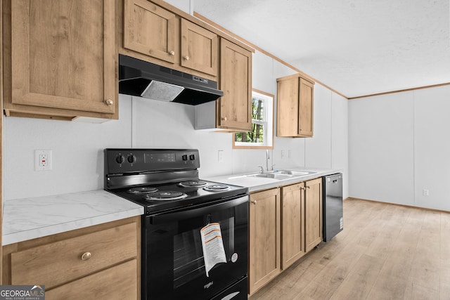 134 Double Line Rd, Ellijay, GA 30540 - kitchen featuring black electric range, under cabinet range hood, dishwasher, light wood-style flooring, and light countertops
