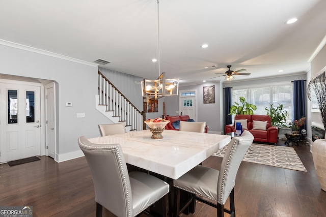 1967 Cogar Dr, Decatur, GA 30032 - dining space with recessed lighting, ornamental molding, stairs, dark wood-type flooring, and a chandelier