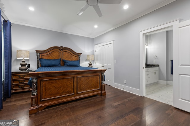 1967 Cogar Dr, Decatur, GA 30032 - bedroom featuring crown molding, recessed lighting, wood finished floors, ensuite bathroom, and a ceiling fan