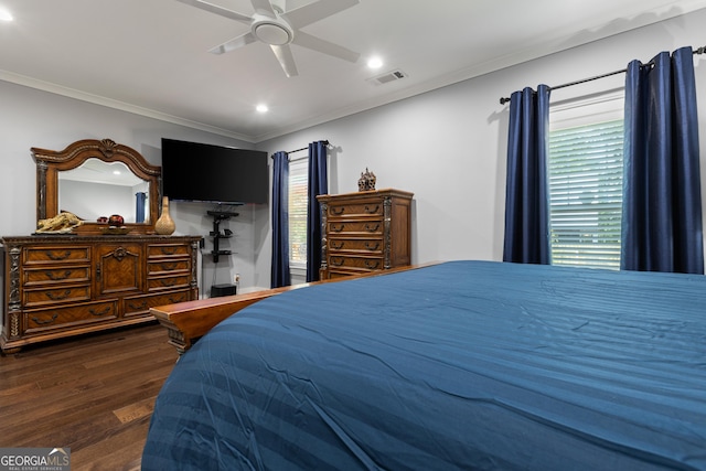 1967 Cogar Dr, Decatur, GA 30032 - bedroom with wood finished floors, recessed lighting, ornamental molding, and a ceiling fan